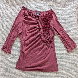 Anthropologie Deletta Ruched Knit Top with Floral Accents Size M